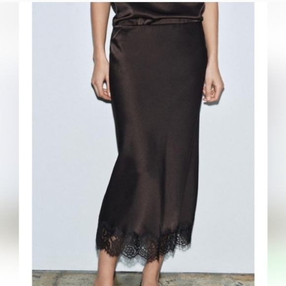 Zara Zw Collection Elegant Brown Satin Lace Trim Midi Skirt Sz-XL